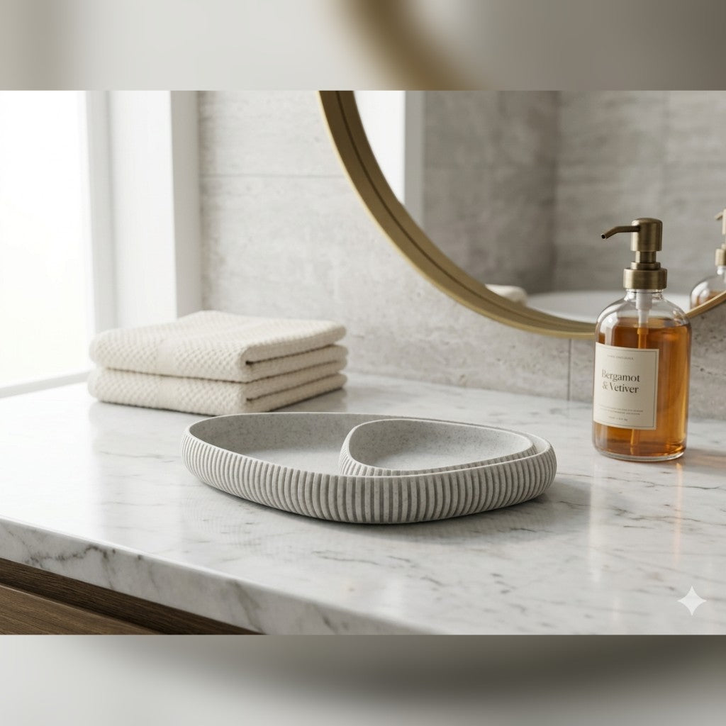 Nesting ribbed trays on a bathroom vanity