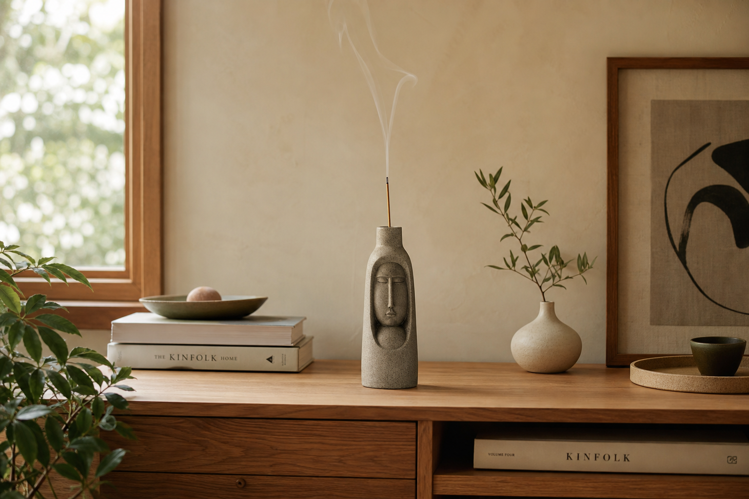 The Sentinel incense sculpture in calm home interior